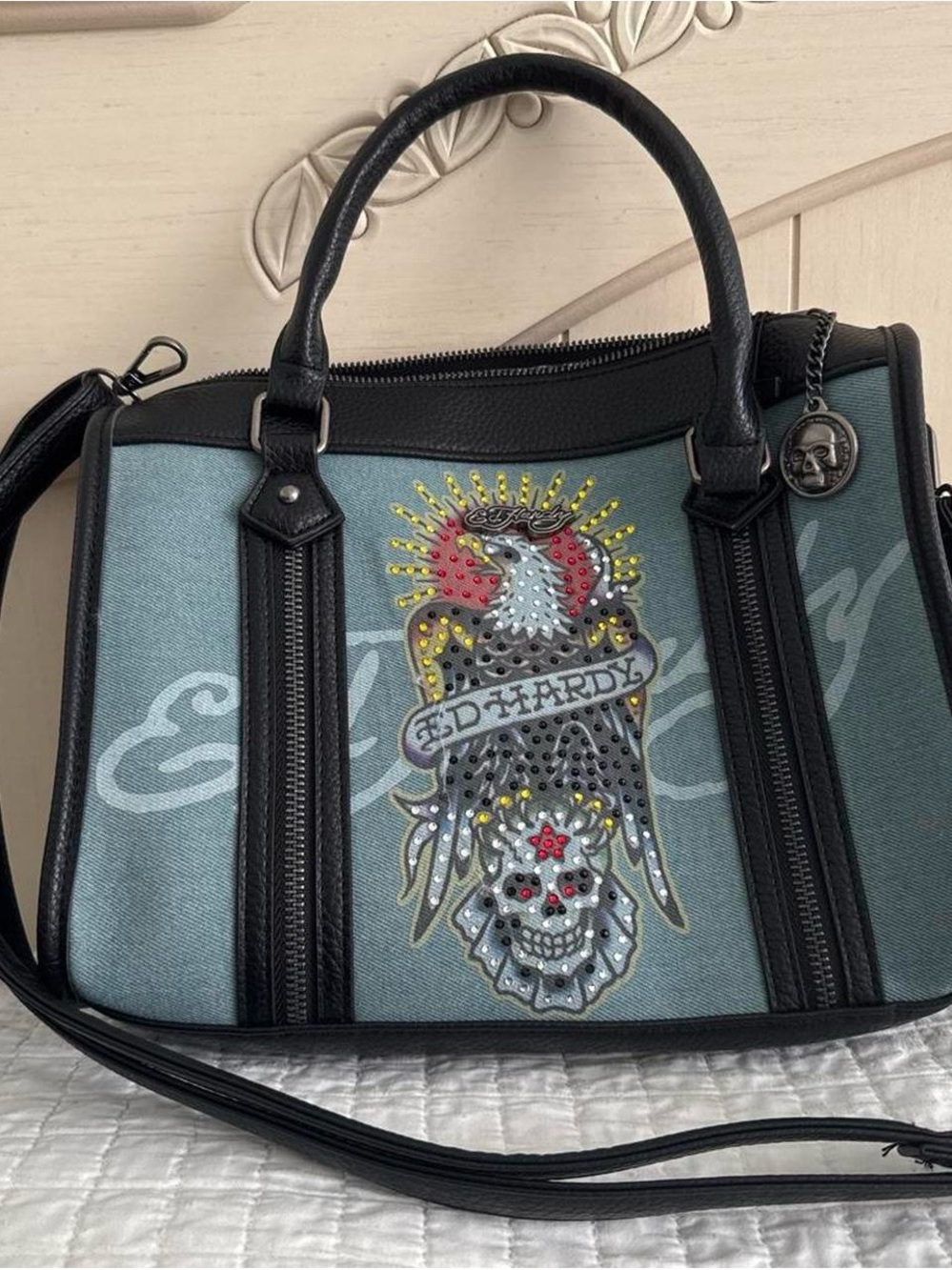 Ed Hardy blue denim & leather black satchel purse with rhinestone skull & eagle